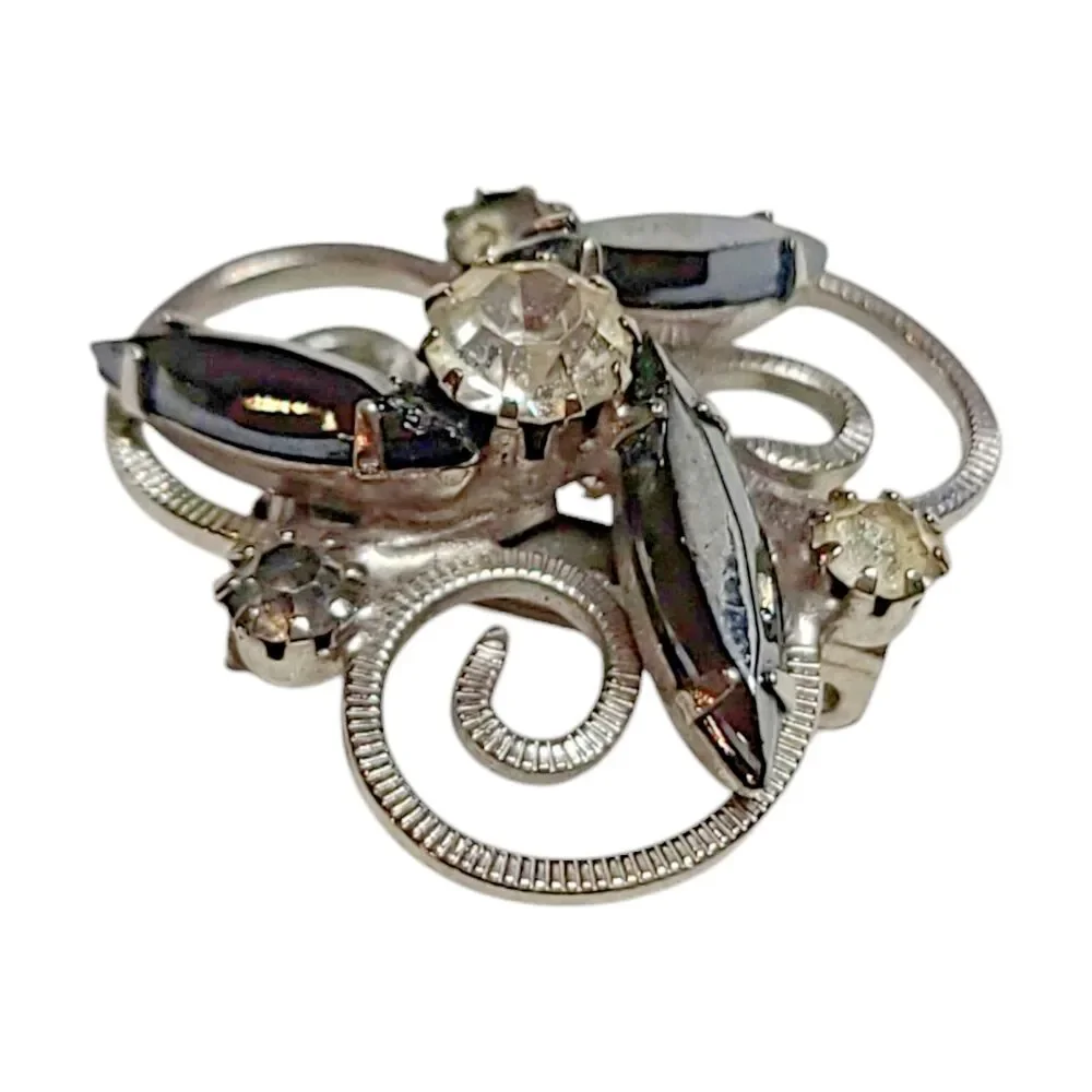 Vtg Black Marquise & Clear Round Rhinestone Scroll Work Brooch Pin Silver Tone